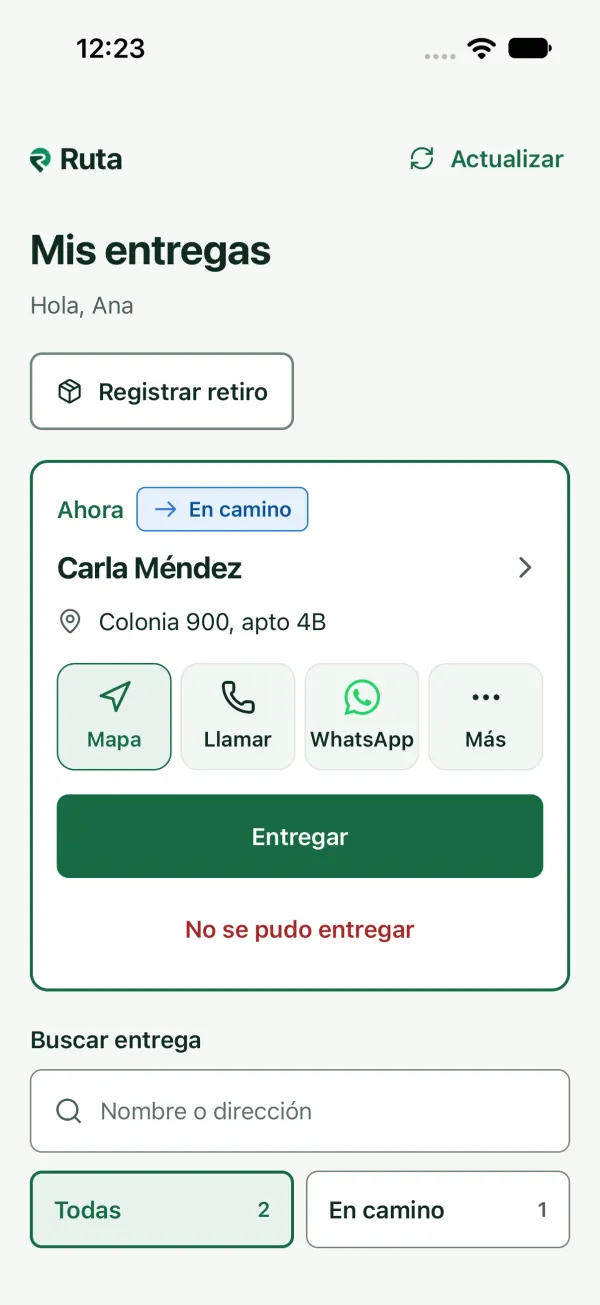 Lista «Mis entregas» con la tarjeta «Ahora» de una entrega en camino