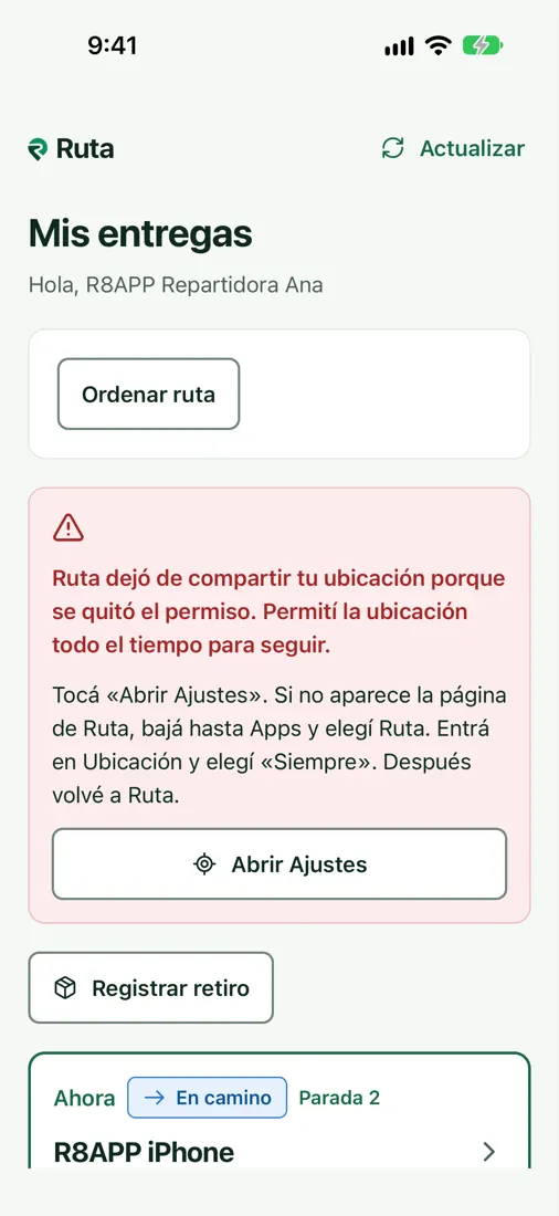 Aviso de la app: «Ruta dejó de compartir tu ubicación porque se quitó el permiso», con «Abrir Ajustes»