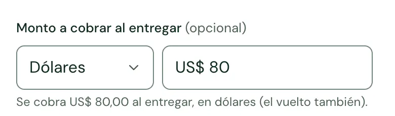Campo «Monto a cobrar al entregar» con «Dólares» y US$ 80