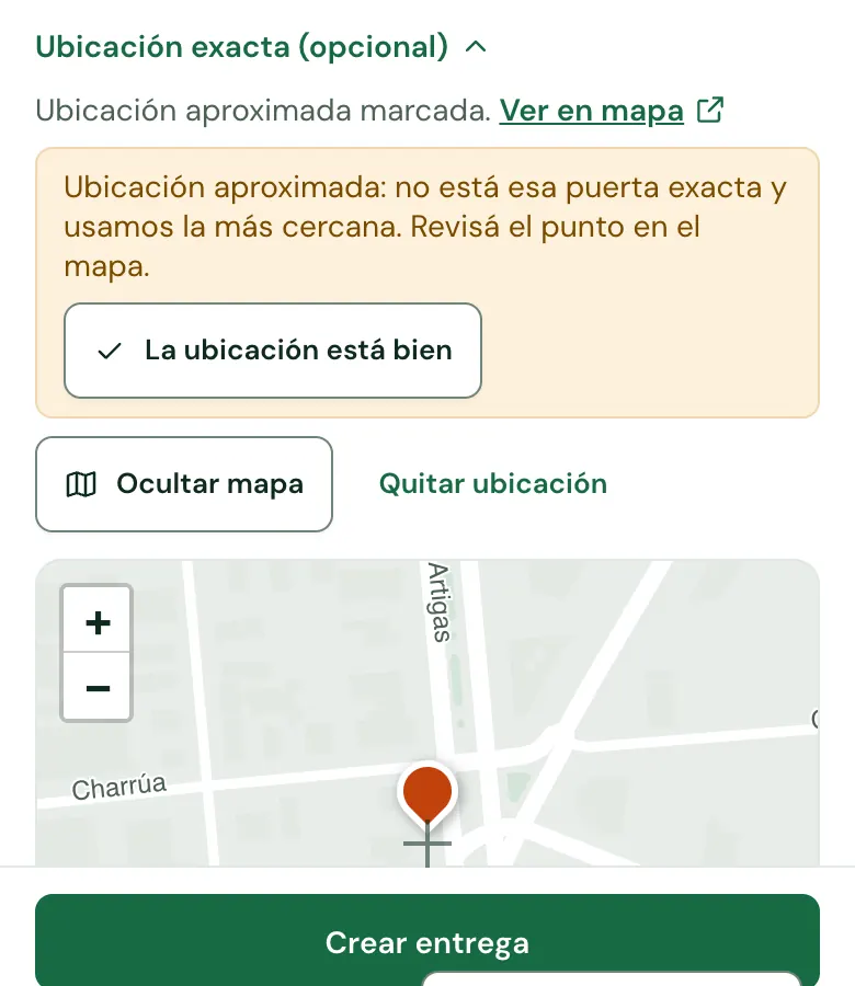 Aviso «Ubicación aproximada» con el botón «La ubicación está bien» y el mapa con el punto