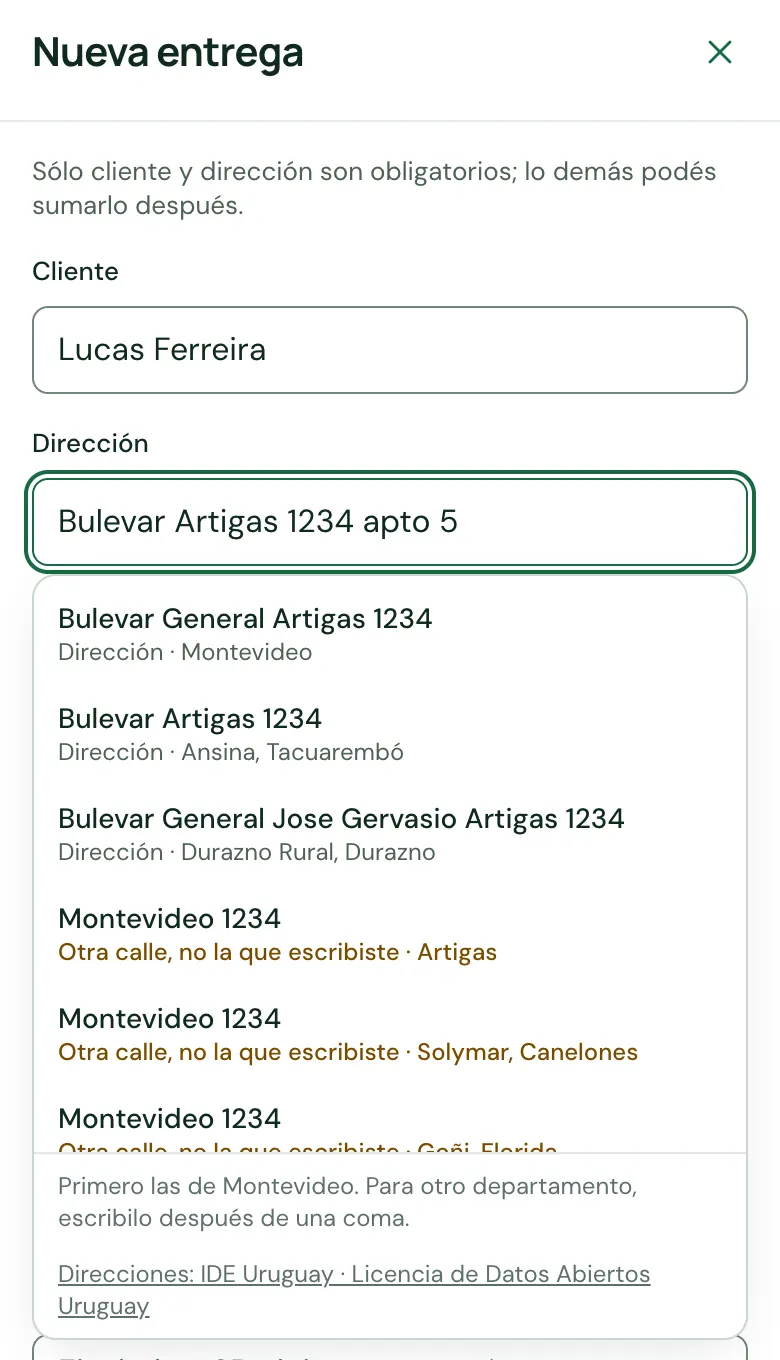 Sugerencias de direcciones al escribir «Bulevar Artigas 1234 apto 5»