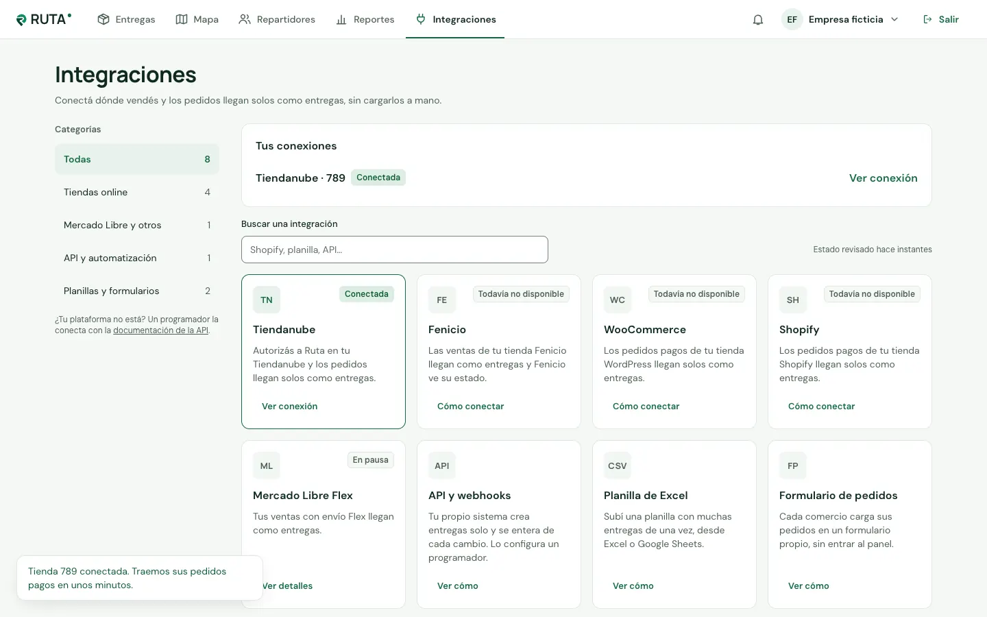 La página Integraciones con una tienda conectada y el resto del catálogo