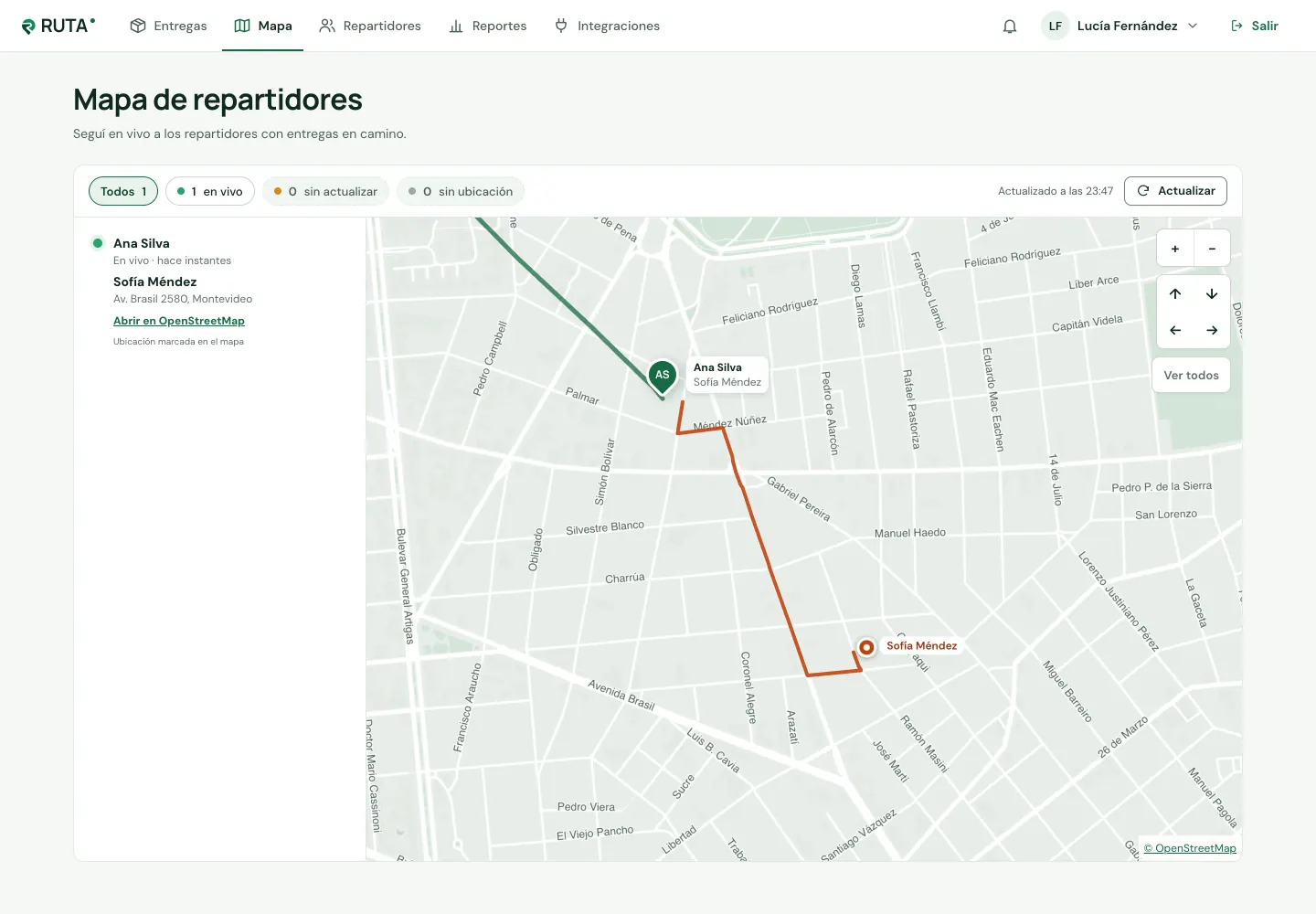 Mapa de repartidores con una repartidora en vivo, su recorrido y el destino