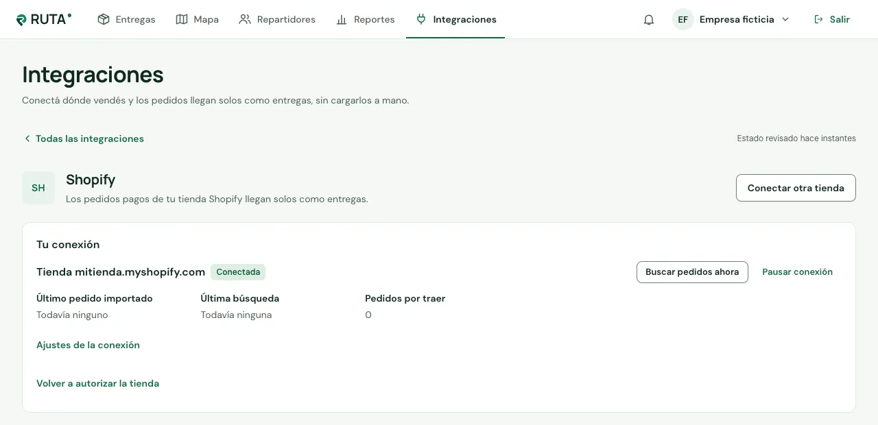Conexión de Shopify conectada, con «Buscar pedidos ahora» y «Ajustes de la conexión»