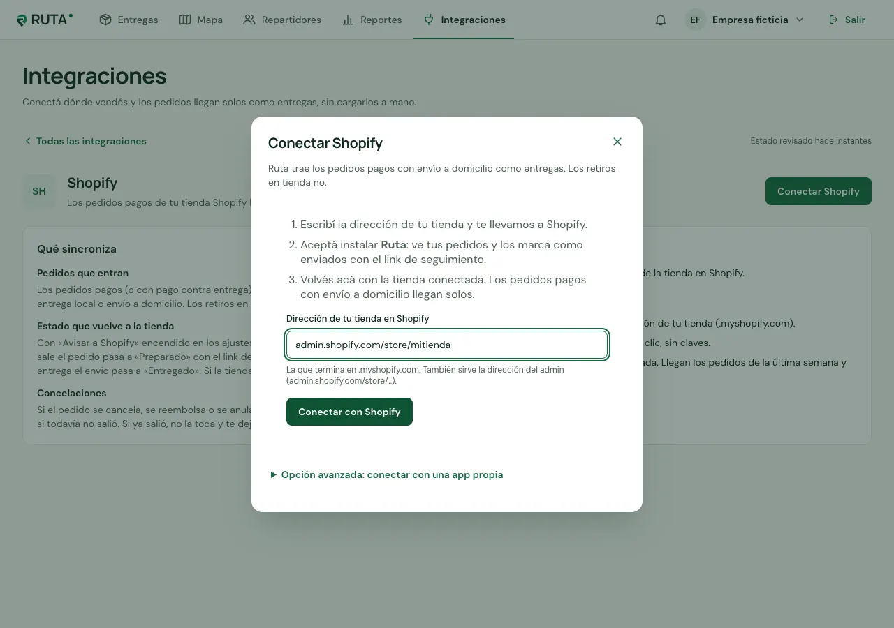 Ventana «Conectar Shopify» con la dirección de la tienda
