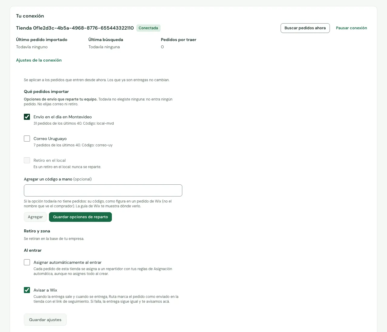 Ajustes de una conexión de Wix con las opciones de envío de los últimos pedidos